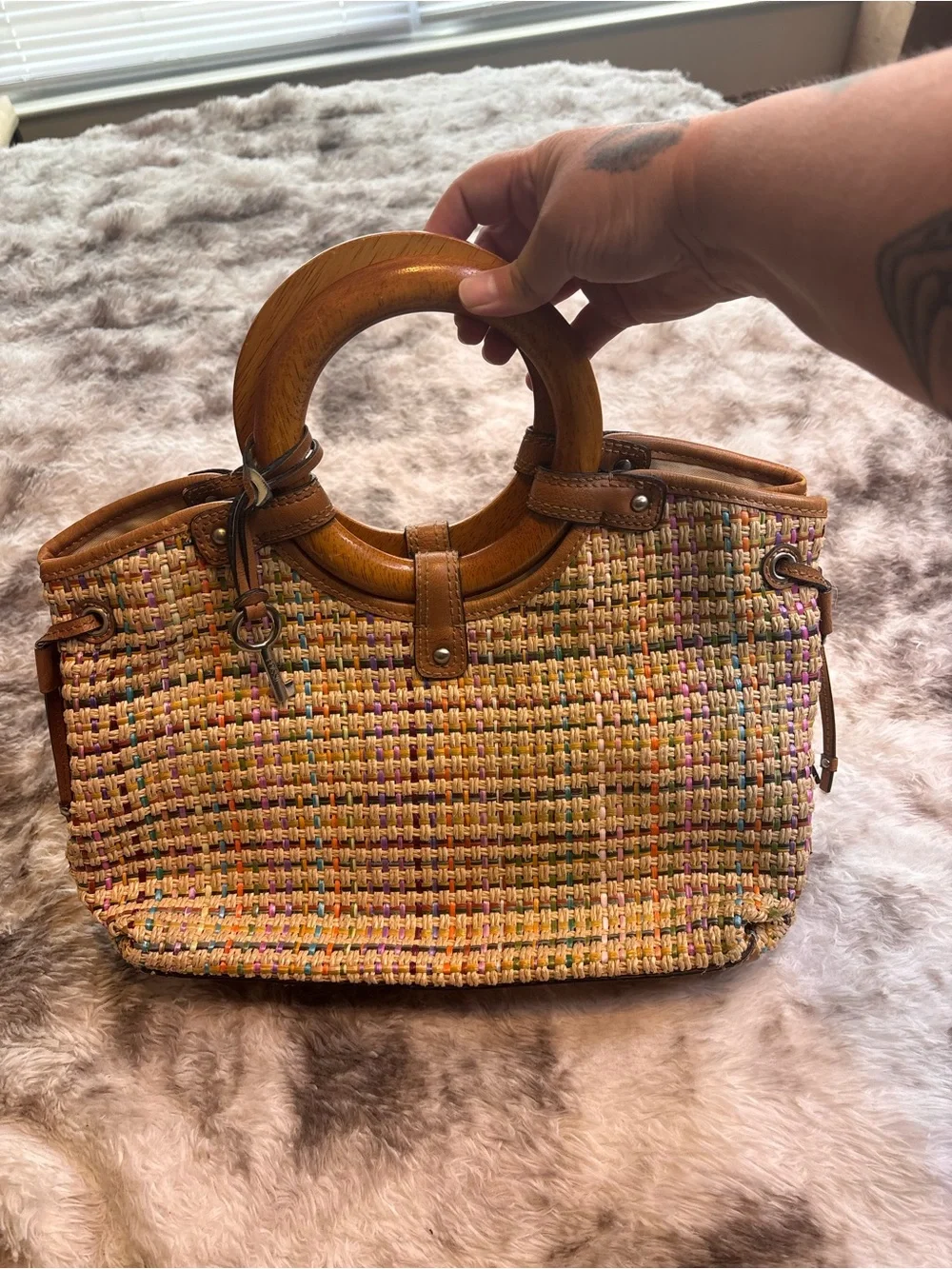 Fossil Multicolor Woven Tote with Wood Ring Handles